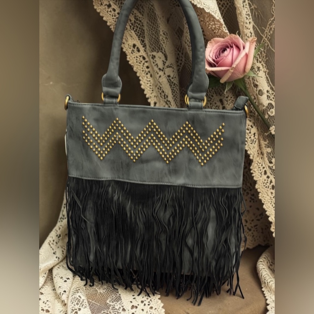 Boho Chic Heritage Fringe Tote with Gold Stud Chevron Detail NEW WITH TAG!